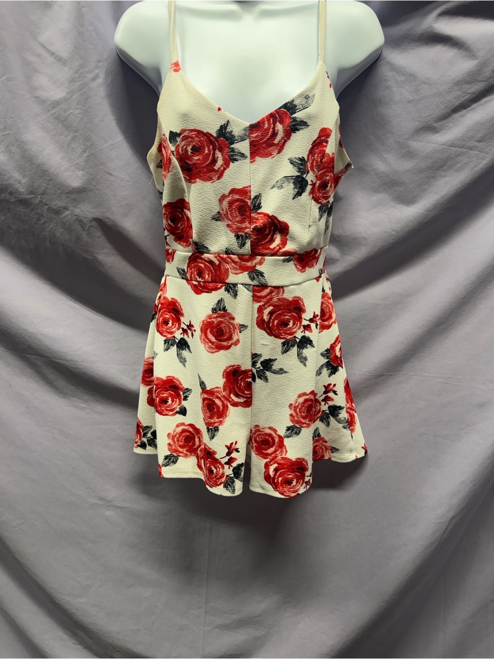 Almost Famous Cream Floral Romper with Red Rose Print